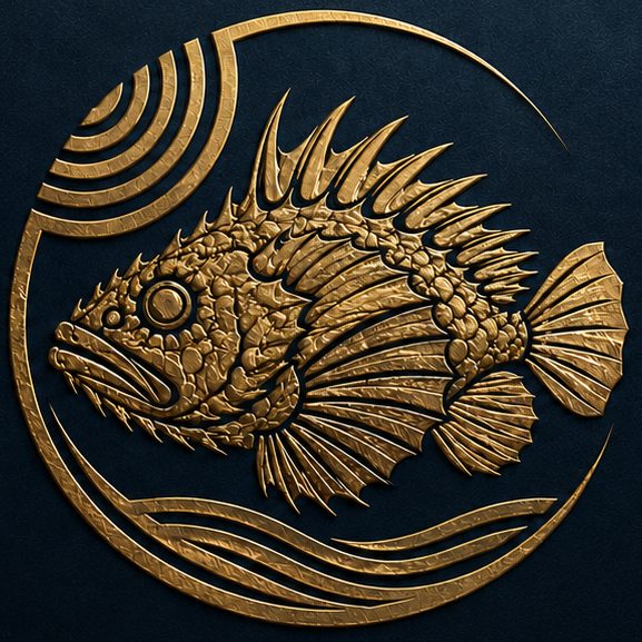 Emblème NOHU : un poisson-pierre gravé à la feuille d'or